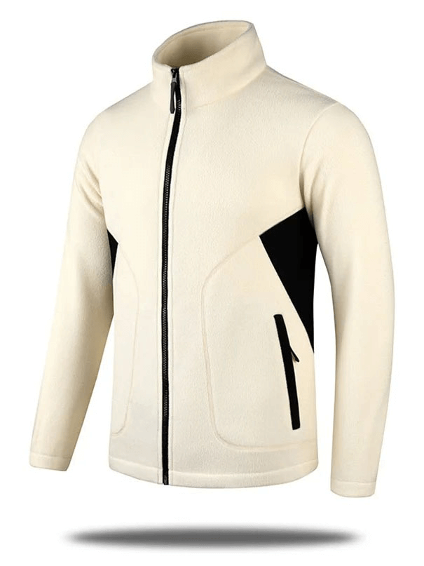 Men's windproof zip fleece jacket in beige, casual fit SF1997. Durable polyester for camping, hiking. Anti-sweat and thermal features.